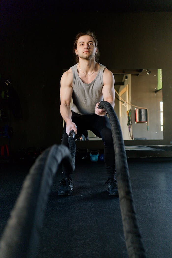 services-01 Focused man in gym using battle ropes for strength training, showcasing his muscular build.